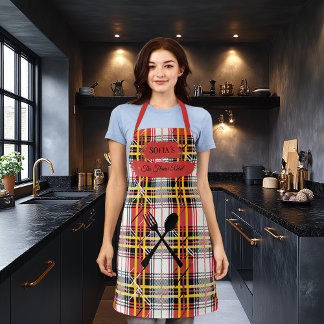 Vetgedrukte rode plaid gepersonaliseerd met kookge schort