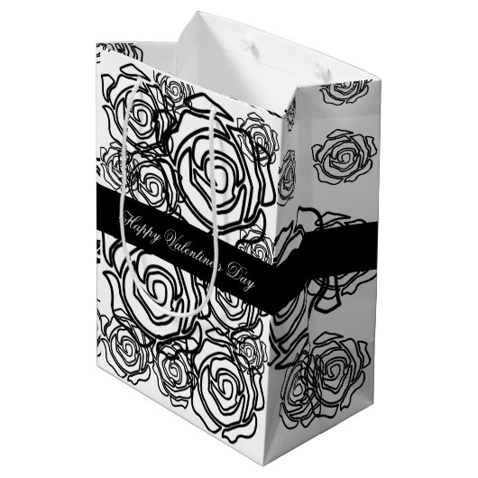 'Vetgedrukte Rozen Valentijn' (b/w) Medium Gift Ba Medium Cadeauzakje (Achterkant Gekanteld)