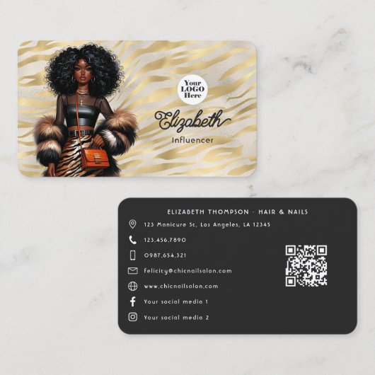 Vetgedrukte Tiger Print Black Woman Boss Branding Visitekaartje (Voorkant / Achterkant)