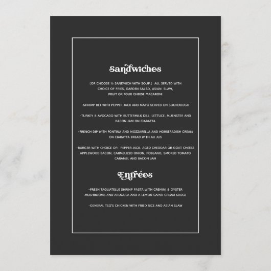Vetgedrukte typografie  retro patroonbruiloft menu (Achterkant)
