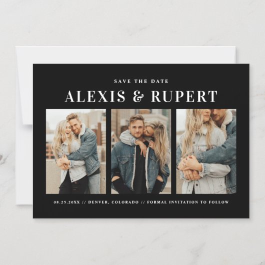 Vetgedrukte Typografie Zwarte Drie Foto Bewaar de  Magnetische Uitnodiging (Voorkant)