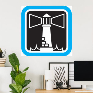 Vetgedrukte vuurtoren Beacon met Ocean Waves Icon Poster