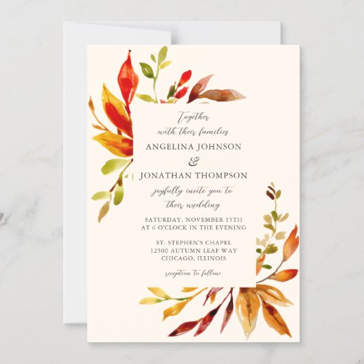 Vetgedrukte Waterverf herfstbladeren crème bruilof Magnetische Uitnodiging (Voorkant)
