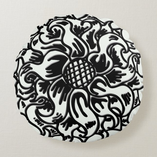Vetgedrukte zwart-witte bloemkunst 16 x 16 rond kussen (Voorkant)