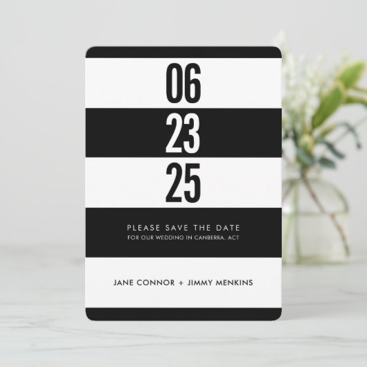 VETGETAL STAPEL zwarte witte streep bewaar de datu Save The Date (Staand voorkant)
