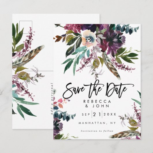 vether boho floral bruiloft , behalve de date card aankondigingskaart (Voorkant / Achterkant)