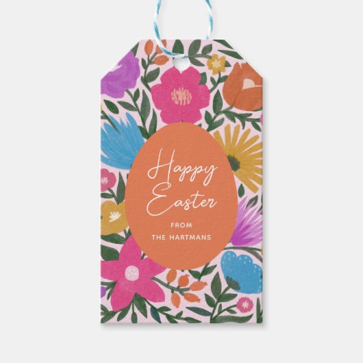 Vetkleurige Florals Stijlvol Pasen | Oranje eieren Cadeaulabel (Voorkant)