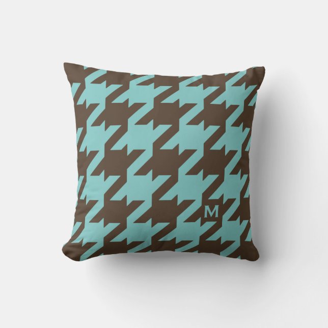 Vetmoderne blauwgroen bruine houndstooth met monog kussen (Voorkant)