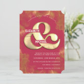 Vetmoderne bruine gouden en roze magenta bruiloft kaart (Staand voorkant)