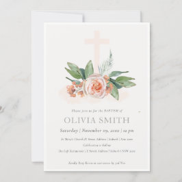 Vetpeach Roos Floral Cross Bunch Baptism Invite Bedankkaart