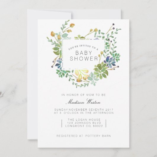 vetplant | Bloemen Waterverf Baby shower Kaart (Voorkant)