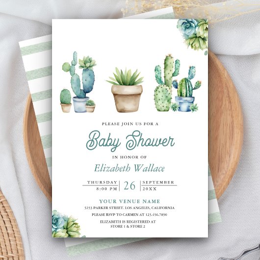 Vetplant groene cactuspotten baby shower kaart