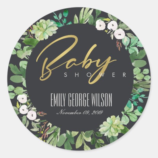 VETPLANT KRANS LOOF WATERVERF BABY SHOWER RONDE STICKER (Voorkant)