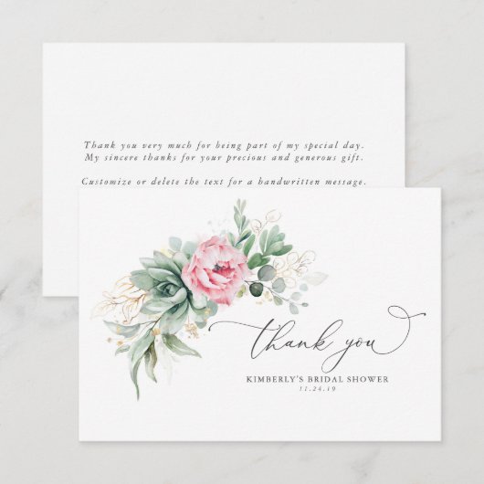 Vetplanten en Roze Bloemen Kleine Dankjewel Bedankkaart (Voorkant / Achterkant)