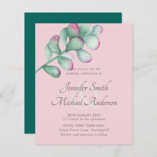 Vetplanten Roze Blush Mintgroene Budget Bruiloft (Voorkant / Achterkant)