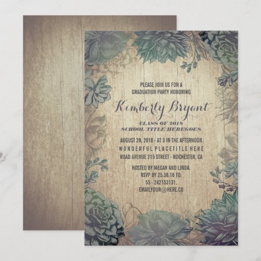  vetplanten rustieke houten afstudeerfeest kaart (Voorkant / Achterkant)