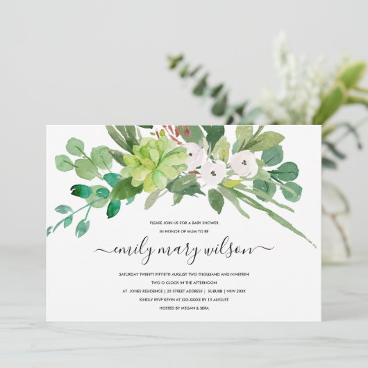 VETSUCCULENTE LOOFKRANS WATERCOLOR BABYSHOWER KAART (Staand voorkant)