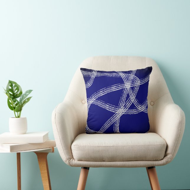 vette abstracte kunst witte lijnen op donkerblauw kussen (Stoel)