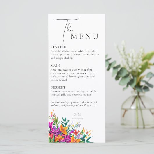 Vette Bloemen Elegante Botanische Roze Huwelijk Zo Menu (Staand voorkant)
