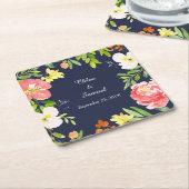 Vette Bloemen Rand op Navy Blue Bruiloft Kartonnen Onderzetters (Schuin)