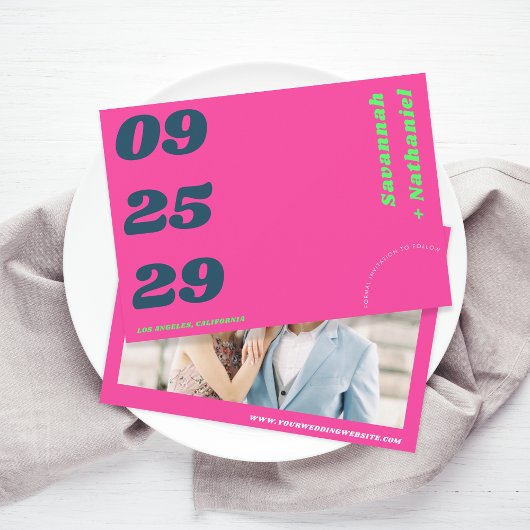 Vette datum roze en groene retro foto website brui save the date