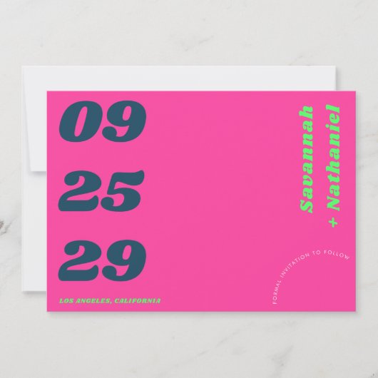 Vette datum roze en groene retro foto website brui save the date (Voorkant)