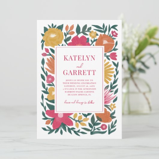 Vette Florals Magenta Oranje Gele Weddenschap Kaart (Staand voorkant)