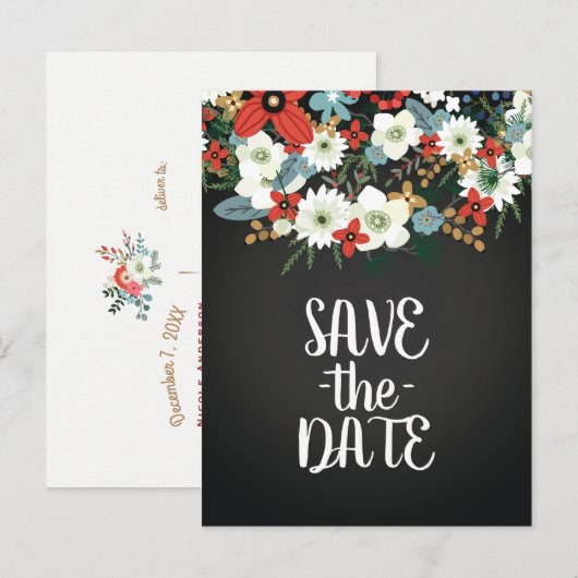 Vette Funky Bloemen Donker Chic Wedding Save the D Aankondigingskaart (Voorkant / Achterkant)