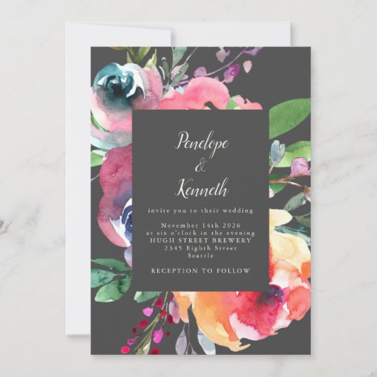 Vette grijze Waterverf Floral Elegant Script Weduw Kaart (Voorkant)