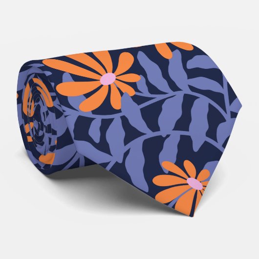 Vette groovy trailing flowers – blauw sinaasappel stropdas (Opgerold)