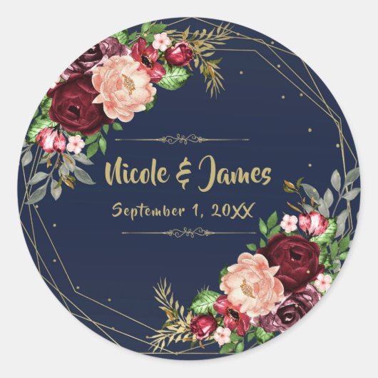 Vette Herfst Bloemen Navy Blue Gold & Bourgondië H Ronde Sticker (Voorkant)