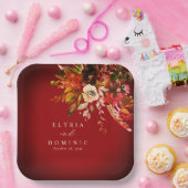 Vette Herfst Bloemen Over Verbrande Rode Huwelijk Papieren Bordje (Feest)