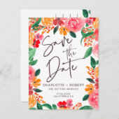 Vette herfst rood roze bloemenbruiloft save the da aankondigingskaart (Voorkant / Achterkant)