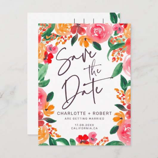 Vette herfst rood roze bloemenbruiloft save the da aankondigingskaart (Voorkant / Achterkant)