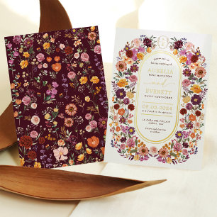 Vette Herfst Wildflowers Monogram Crest Wedding Folie Uitnodiging