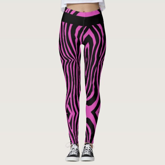 VETTE HETE ROZE & ZWARTE DIERENPRINT STREEPPATROON LEGGINGS (Voorkant)
