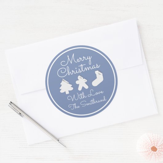 Vette kerstboomnaam Blauw Wit Ronde Sticker (Envelop)