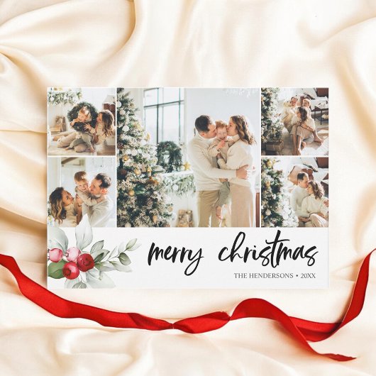 Vette kerstpenseel Manuscript Red Berry Holiday Ca Feestdagenkaart