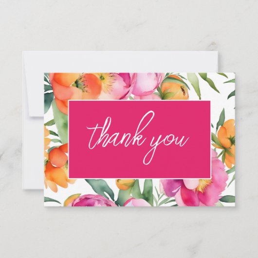 Vette kleuren roze sinaasappel pioenrozen elegante bedankkaart (Voorkant)
