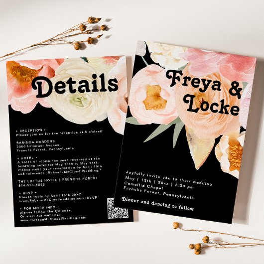 Vette kleurrijke Floral | Zwart in één bruiloft Kaart