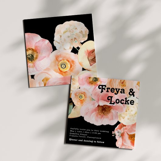 Vette kleurrijke Floral | Zwarte-Square Weddenscha Kaart