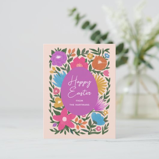 Vette kleurrijke Florals Happy Pasen | Oranje eier Feestdagenkaart (Staand voorkant)