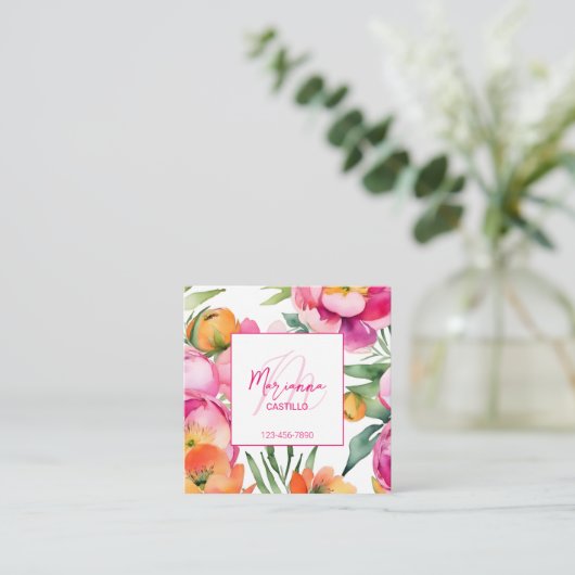 Vette kleurrijke roze bloemetjes chique moderne sj vierkante visitekaartje (Staand voorkant)