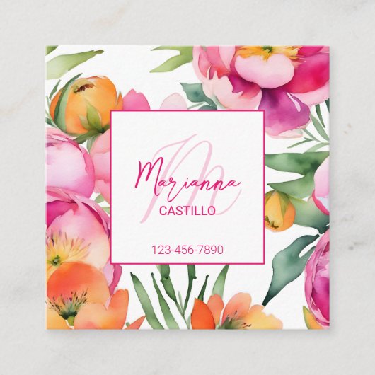 Vette kleurrijke roze bloemetjes chique moderne sj vierkante visitekaartje (Voorkant)