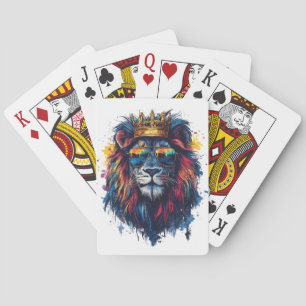 Vette Leeuwenkop met Zonnebril en Kroon Pokerkaarten