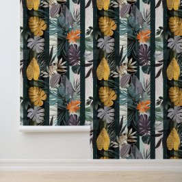 Vette levendige verticale strepen met planten blad behang