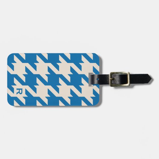 Vette moderne aqua blue houndstooth met monogram bagagelabel (Voorkant horizontaal)