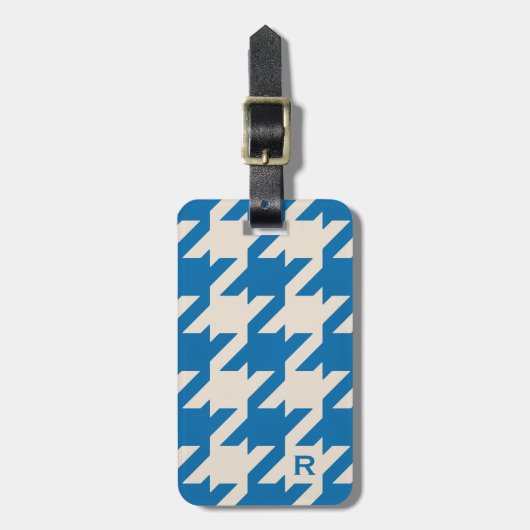 Vette moderne aqua blue houndstooth met monogram bagagelabel (Voorkant verticaal)