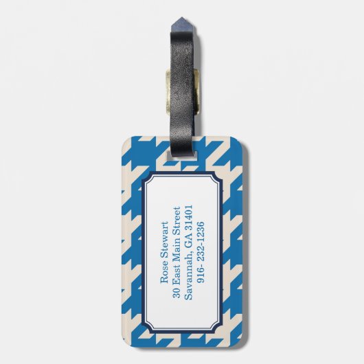 Vette moderne aqua blue houndstooth met monogram bagagelabel (Achterkant verticaal)