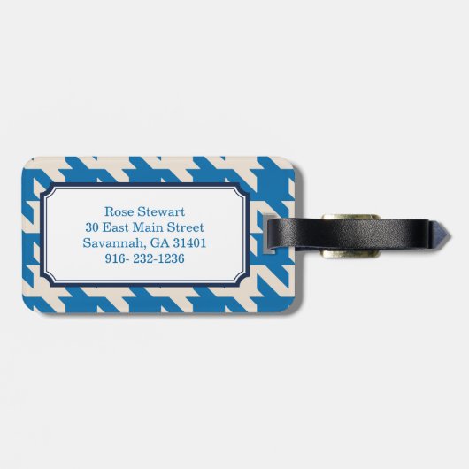 Vette moderne aqua blue houndstooth met monogram bagagelabel (Achterkant horizontaal)